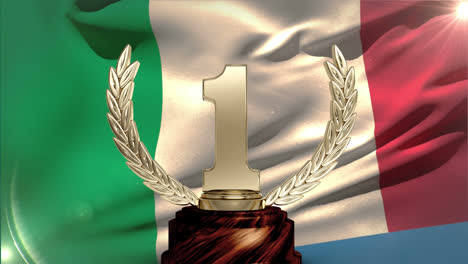Trofeo-Del-Primer-Lugar-Con-La-Bandera-Italiana-Al-Fondo.