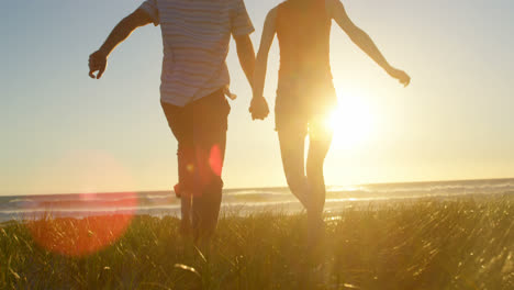 Couple-holding-hands-and-running-towards-the-sea-4k