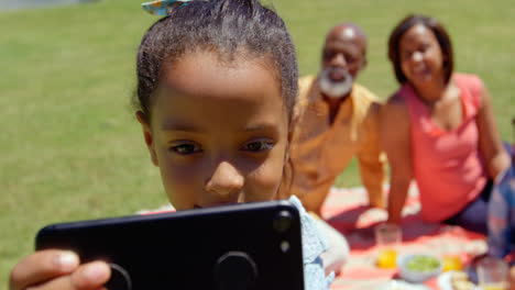 Front-view-of-cute-little-black-girl-with-family-clicking-selfie-on-mobile-phone-in-the-park-4k