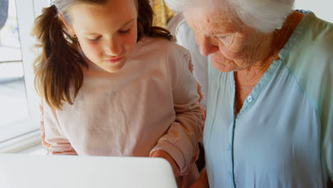 Front-view-of-Caucasian-Grandmother-and-granddaughter-using-laptop-in-living-room-at-comfortable-hom