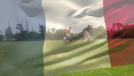 Jugadores-De-Rugby-Jugando-Un-Partido-De-Rugby-Con-Bandera-Francesa