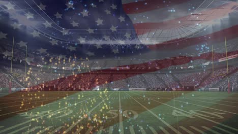 American-Football-Stadion-Mit-Feuerwerksanimation-Und-Amerikanischer-Flagge-Im-Vordergrund