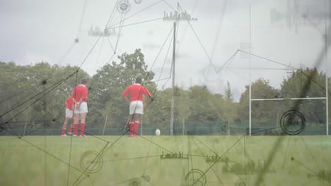 Rugbyspieler-Kickt-Den-Ball-Zwischen-Den-Pfosten-Mit-Verbindungen-Im-Vordergrund