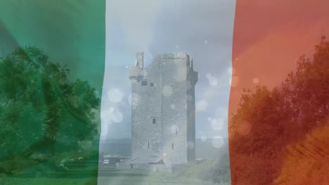 Medieval-tower-in-the-land-with-an-Irish-flag-on-the-foreground