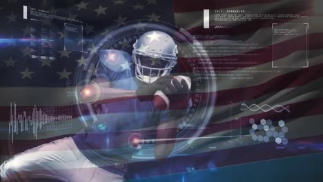 Quarterback-Springt,-Um-Den-Ball-Zu-Fangen,-Vor-Einem-Hintergrund-Mit-Amerikanischer-Flagge