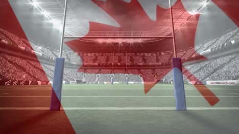 Rugby-Stadion-Mit-Schwebender-Kanadischer-Flagge-Im-Vordergrund