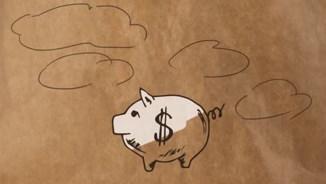 Schweine-Sparschwein-Mit-Wolken-Auf-Braunem-Papierhintergrund-Gezeichnet