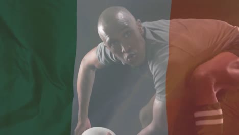 Jugador-De-Rugby-Haciendo-Un-Pase-Con-Una-Bandera-Irlandesa-En-Primer-Plano