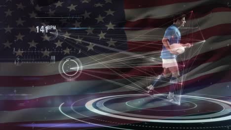 Rugby-player-holding-the-ball-and-running-on-a-stadium-with-an-American-flag-on-the-background