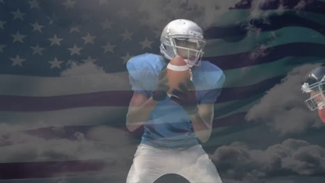 Quarterback-catching-the-ball-and-being-tackled-with-the-american-flag-on-the-background
