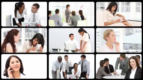 Montage-of-smiling-businesswomen-working-in-a-company