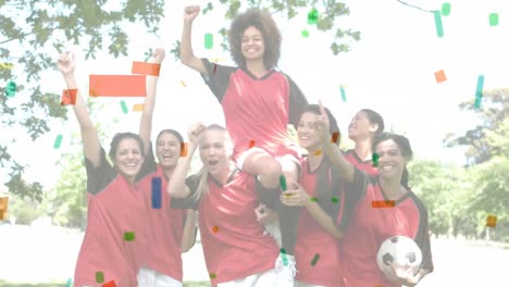 Female-soccer-team-against-colourful-confetti