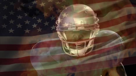 American-Football-Spieler-Wartet-Mit-Feueranimation-Und-Amerikanischer-Flagge-Im-Hintergrund