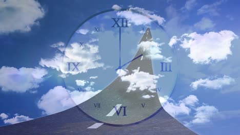 Clock-animated-on-a-sky-background-with-a-road-appearing