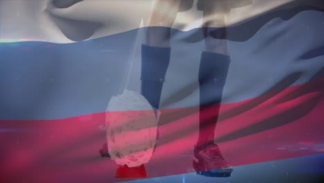 Rugby-player-kicking-the-ball-with-a-Russian-flag-in-the-background