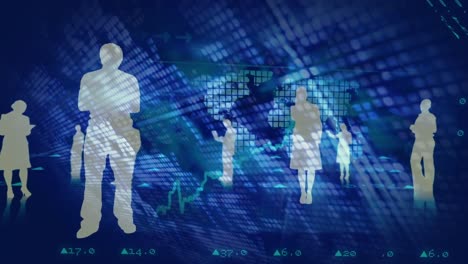 Silhouettes-of-people-standing-on-a-blue-digital-background-with-data-and-world-map