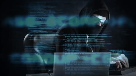 Hacker-using-computer-in-dark-room-with-code-