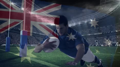 Rugbyspieler-Springt-In-Ein-Großes-Stadion-Mit-Australischer-Flagge,-Um-Ein-Tor-Zu-Erzielen