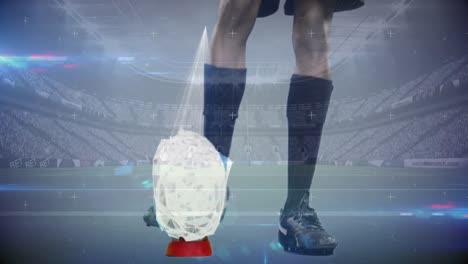 Rugbyspieler-Kickt-Fußball-Mit-Animierten-Glasscherben,-Die-Im-Vollen-Stadion-Vom-Ball-Fallen