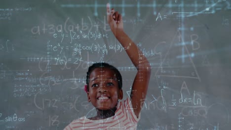 Schoolchild-raising-his-hand-with-mathematical-information-4k