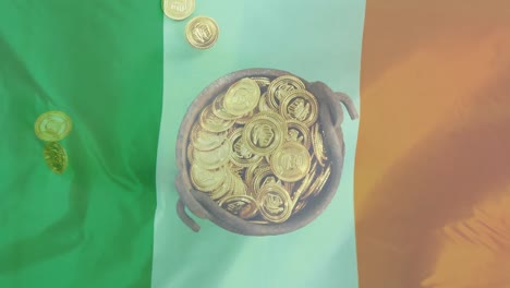 Monedas-De-Oro-Cayendo-Sobre-Un-Caldero-Rebosante-Contra-Una-Bandera-Irlandesa