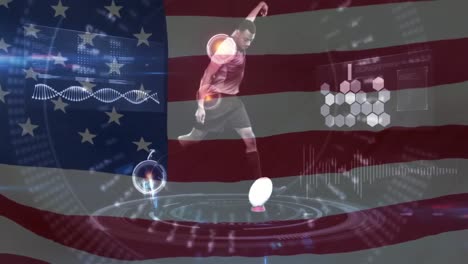 Football-player-kicking-the-ball-with-interface-and-American-flag