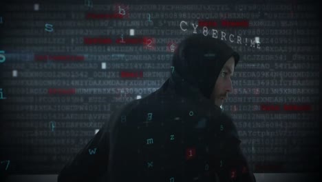 Hacker-using-computer-in-dark-room-with-digital-code-