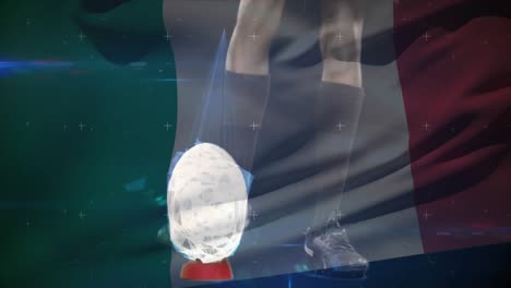Animation-Eines-Rugbyspielers,-Der-Den-Ball-Kickt,-Mit-Einer-Italienischen-Flagge-Im-Vordergrund