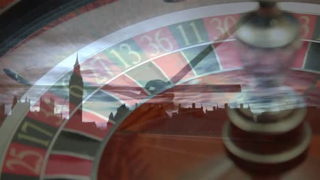 Roulette-scrolling-with-a-clock-rotating-on-cityscape-