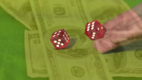 Mann-Wirft-Würfel-Mit-Geld-Auf-Den-Pokertisch