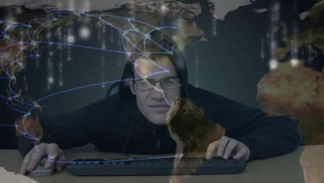 Hacker-typing-on-computer-trying-to-hide-his-location-with-connection-lines-on-the-background