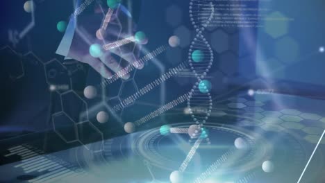 Businessman-using-digital-touchscreen-showing-digital-DNA-molecule-
