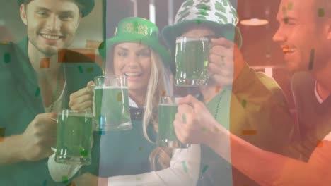 Iren-Stoßen-Gemeinsam-Auf-Den-St.-Patricks-Day-An,-Mit-Einer-Irischen-Flagge-Im-Hintergrund