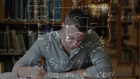 Man-studying-in-a-library-surrounded-by-mathematics-symbols