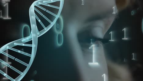 DNA-Animation-Mit-Binärcode-Auf-Einem-Nahaufnahmehintergrund-Eines-Blauen-Auges