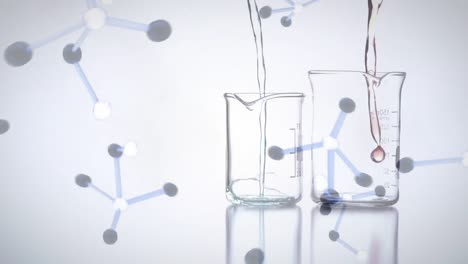 Animation-of-liquid-pouring-on-beakers-with-digital-molecules-falling-on-the-foreground