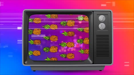 Retro-televisionwith-pineapple-on-the-screen.-Colorful-screen-sizzling-on-background
