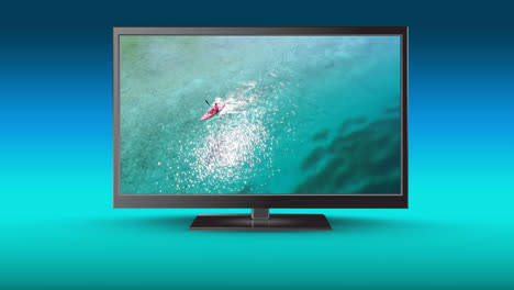High-definition-flat-screen-television-with-a-lake-on-its-screen