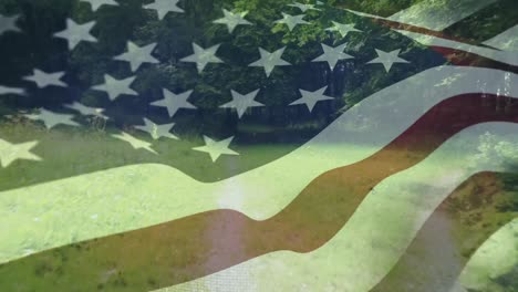 Forest-trail-with-an-American-flag