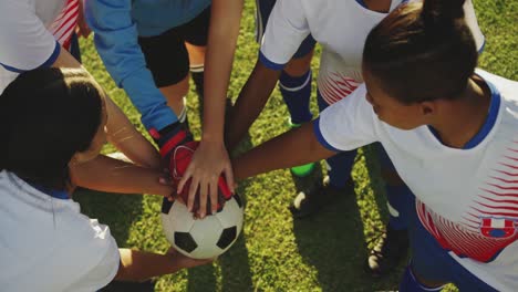 High-angle-view-of-female-soccer-team-clasping-hands-4k