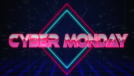 Retro-Cyber-Monday-text-glitching-over-blue-and-red-squares-on-white-hyperspace-effect