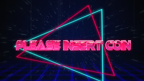 Retro-Please-Insert-Coin-text-glitching-over-blue-and-red-triangles-on-white-hyperspace-effect
