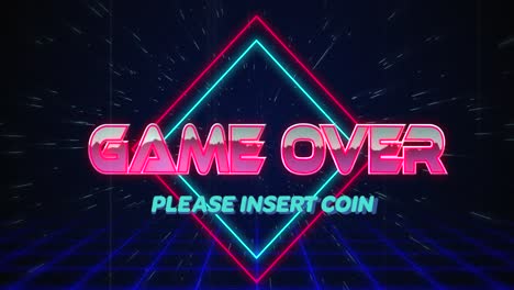Retro-Game-over-text-glitching-over-blue-and-red-squares-on-white-hyperspace-effect