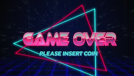 Retro-Game-over-text-glitching-over-blue-and-red-triangles-on-white-hyperspace-effect-4k