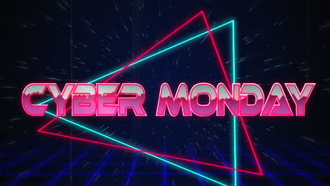 Retro-Cyber-Monday-text-glitching-over-blue-and-red-triangles-4k