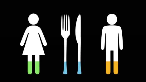 Male-and-female-and-knife-with-fork-filling-up-with-colours-4k