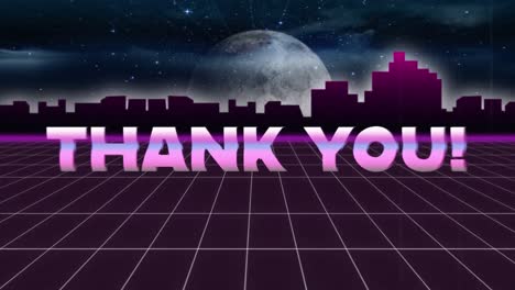Animation-vintage-video-game-screen-with-metallic-words-thank-you-written