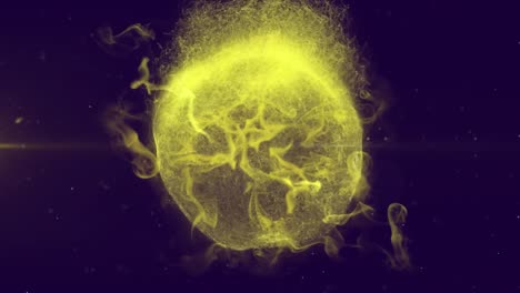 Animation-of-glowing-yellow-globe-exploding-on-purple-background