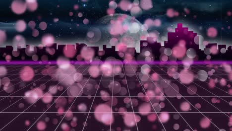 Animation-of-pink-spots-of-light-over-glowing-pink-grid-moving