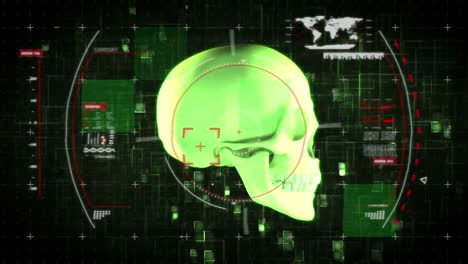 Animation-of-3d-glowing-green-human-skull-rotating-on-black-background